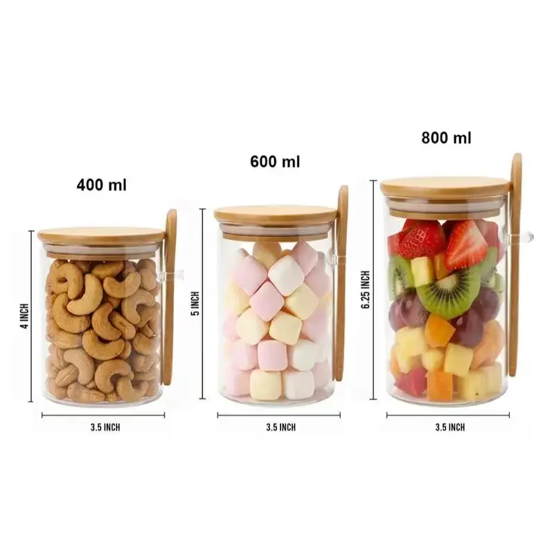 Rich & Riches Glass Container with Bamboo Lid and Spoon 400/600/800ml Air-tight Jar for Coffee Beans Spice Brown Sugar Tea Flour Nuts Candy Salts and More Meal Prep Made Easy